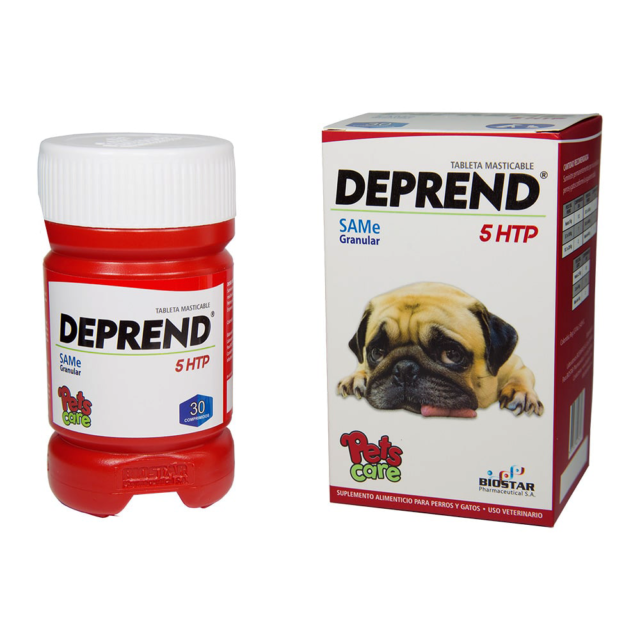 DEPREND es un suplemento nutricional a base de 5 HTP, SAMe, Vitaminas, aminoácidos y extractos botánicos, que promueven el buen comportamiento animal, mejoran el estado de ánimo