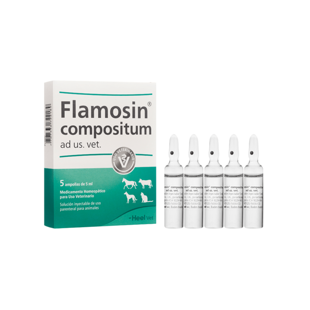 Flamosin compositum ad us. Vet. solución inyectable es un medicamento homeopático del laboratorio Heel