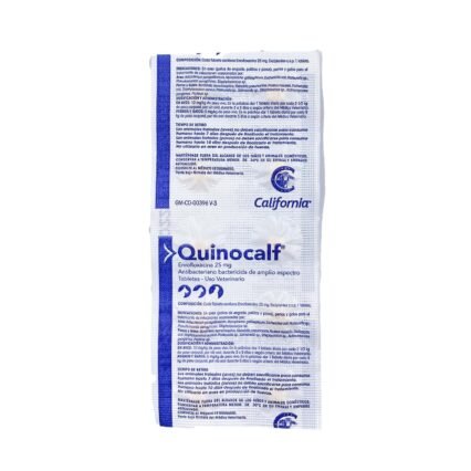 Quinocalf 25mg tabletas antibiótico bactericida que tiene como principio activo la enrofloxacina para enfermedades infecciosas en perros, gatos y aves