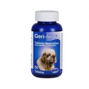 Geri-form tabletas masticables Suplemento ideal para perros geriátricos. Disminuye dolor y fricción en artrosis. Agradable sabor a vainilla.