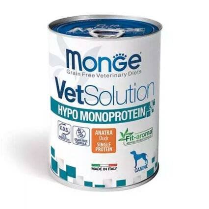 Monge VetSolution Canine Hypo Monoprotein alimento dietético diseñado específicamente para perros que sufren de intolerancias a ingredientes y nutrientes.